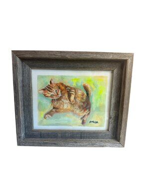 Hand-Painted Cat Art Rustic Wood Frame Orange Tabby On Green Background Signed